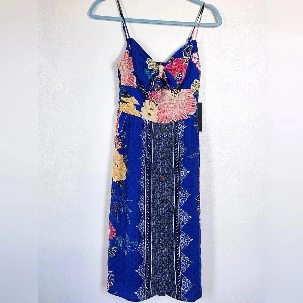 Jodi Kristopher Women Floral Print Blue Button Front Midi Dress XS NWT